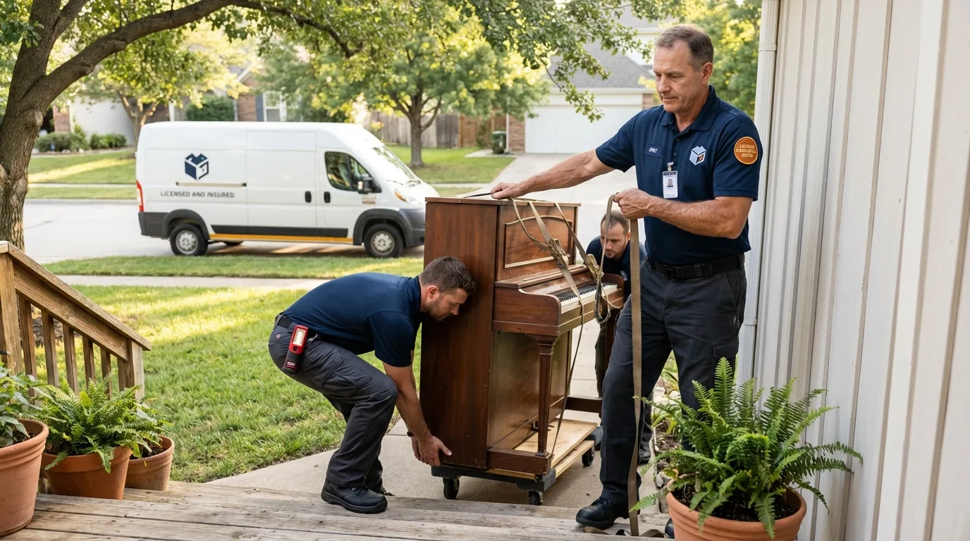 Licensed piano movers securing grand piano in Felton, CA