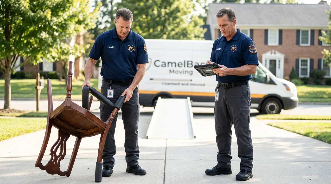 Movers inspecting furniture for damage prevention before loading in Felton, CA